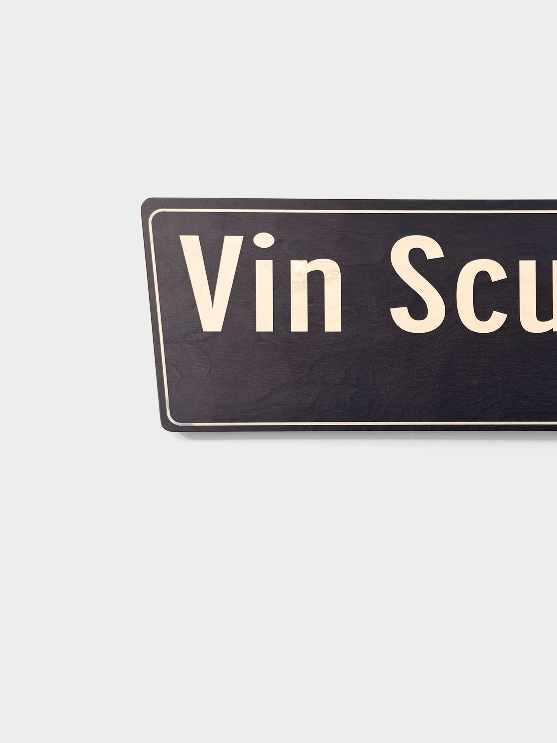 Pacific Stranded LA VIN SCULLY street sign, dark wood with cream lettering, 9" H x 30" W