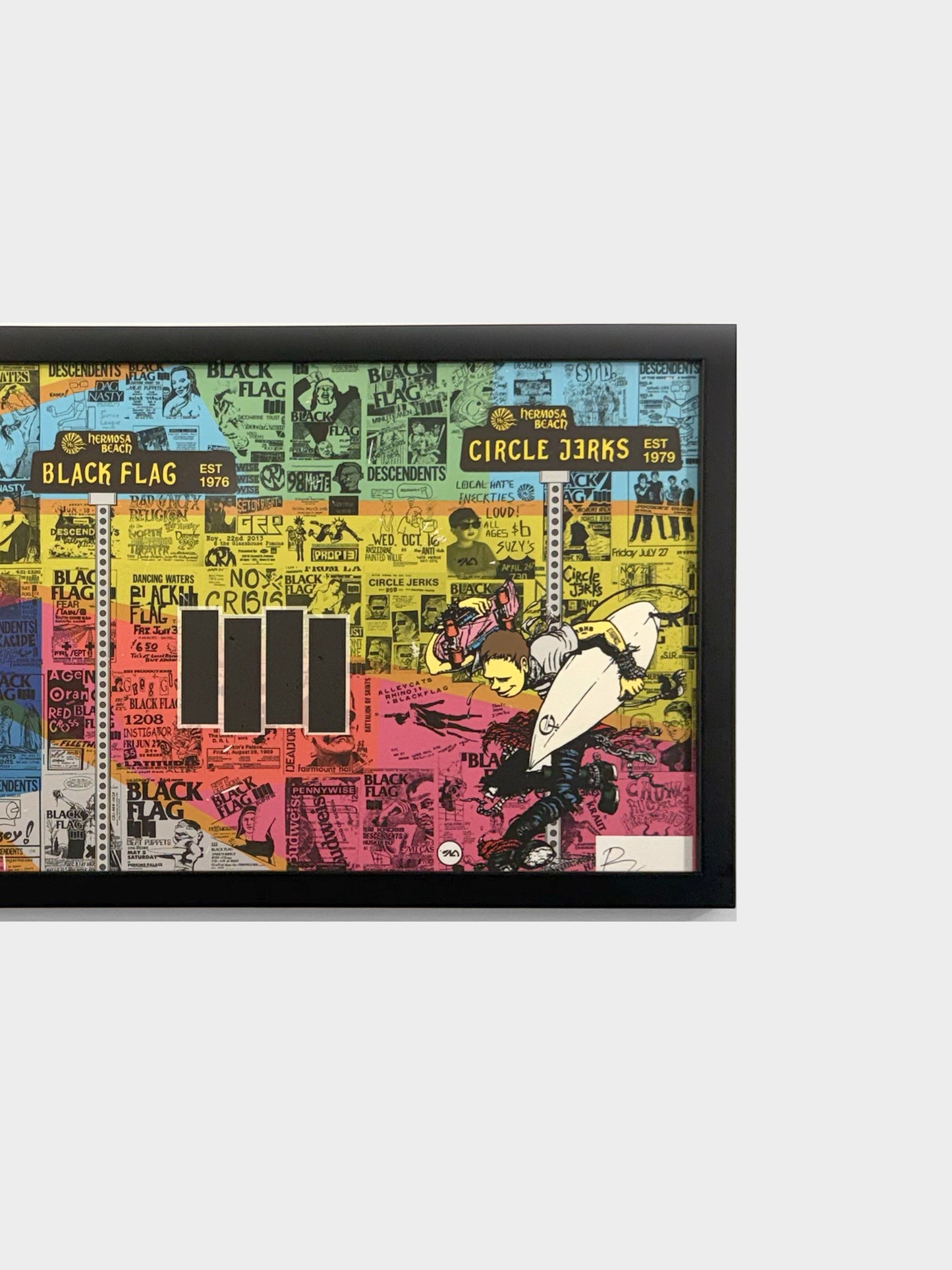 Pacific Stranded Hb - Pier + Hermosa Ave Electrical Hub art print, featuring punk band flyers and a surfer graphic.