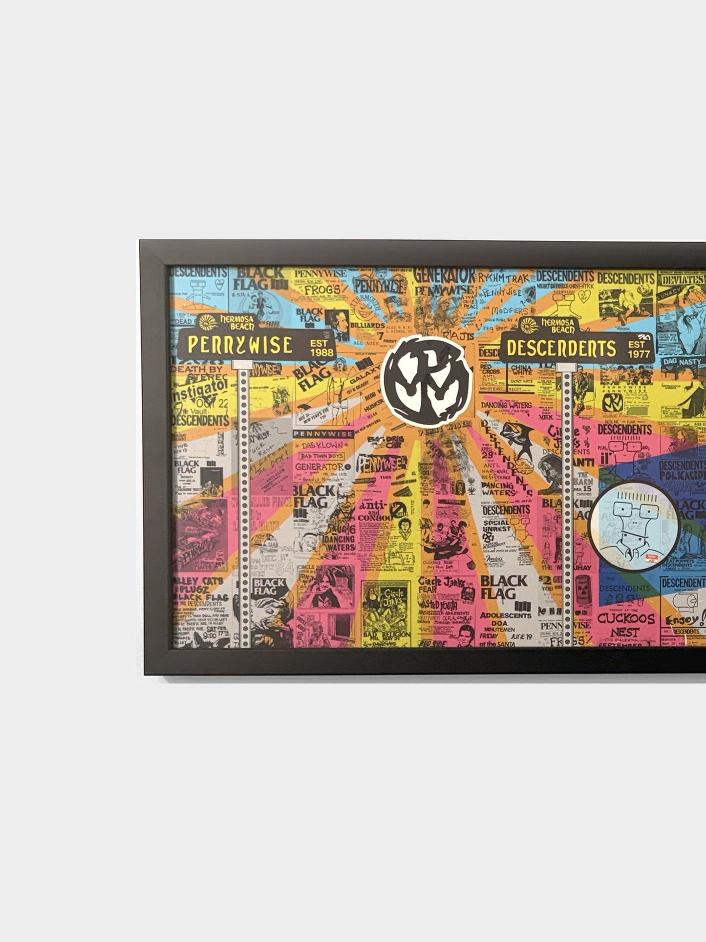 Pacific Stranded Hb - Pier + Hermosa Ave Electrical Hub art print featuring punk band flyers and event posters in vibrant colors.