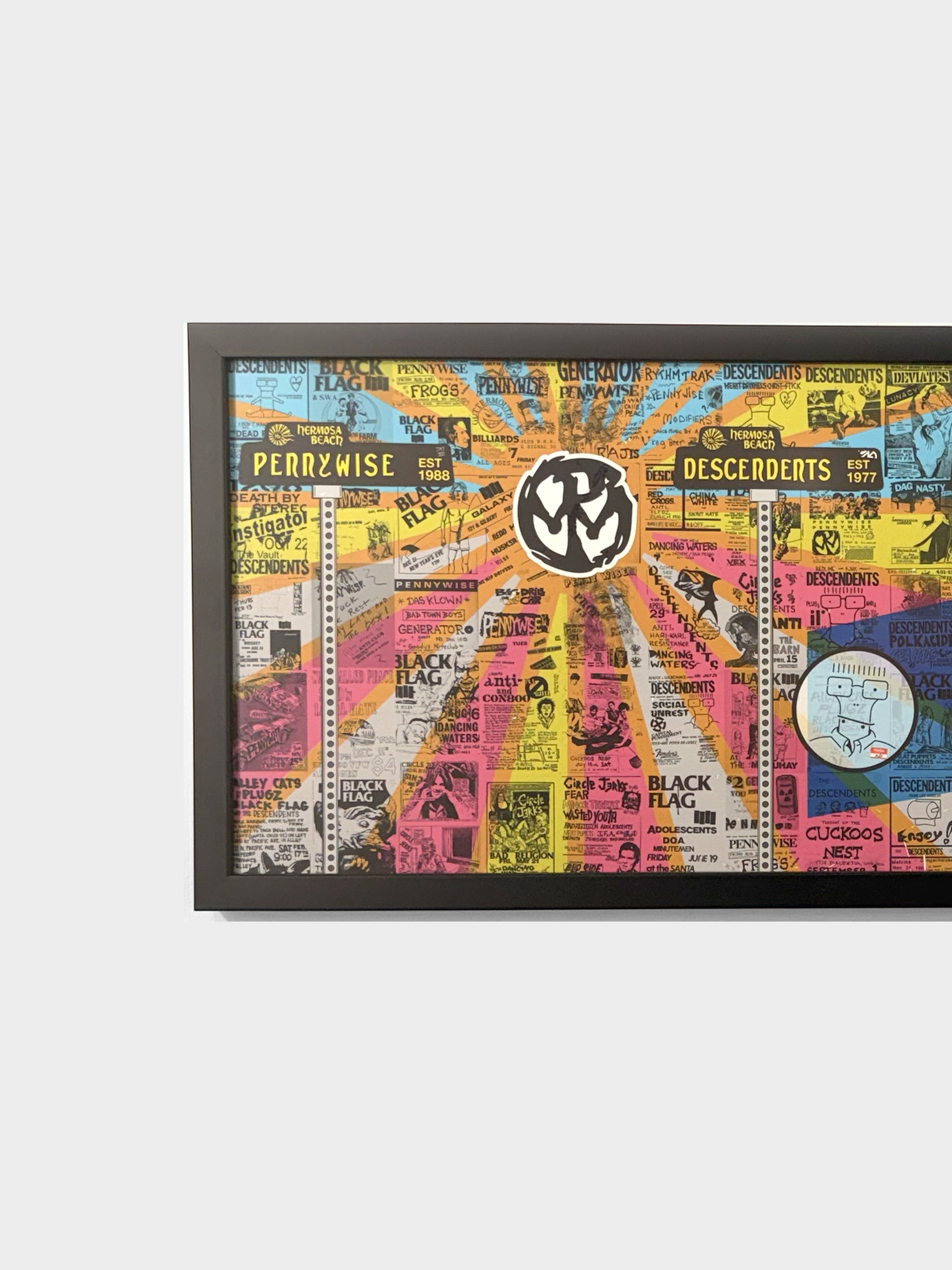 Pacific Stranded Hb - Pier + Hermosa Ave Electrical Hub art print featuring punk band flyers and event posters in vibrant colors.